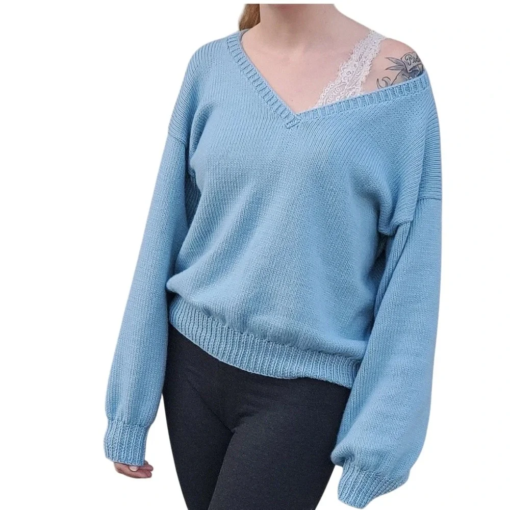 Handmade Knit Sky Blue‎ Oversized Sweater | Cozy V-Neck Pullover - Picture 6 of 8